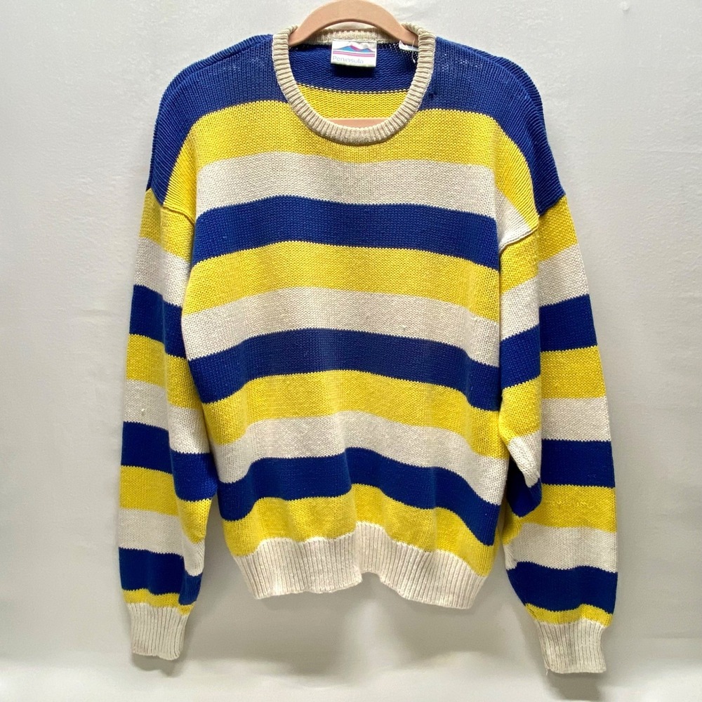 Vintage Peninsula Knit Sweater Women's Large Blue Yellow Nautical Stripe 90's